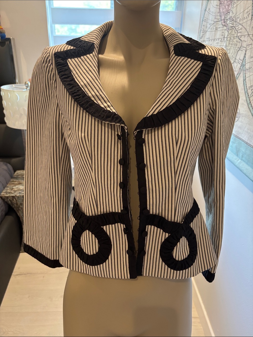 Nanette Lepore Black and White Striped Ruffle-Trim Blazer